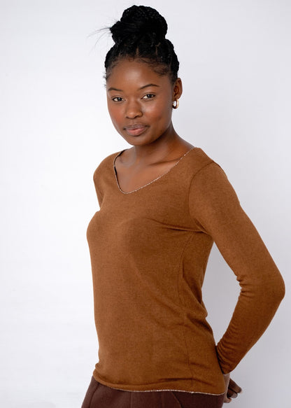 Silver Lining V-Neck Winter Weight Knit Jumper in Rusty Brown