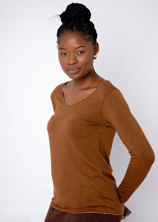 Silver Lining V-Neck Winter Weight Knit Jumper in Rusty Brown