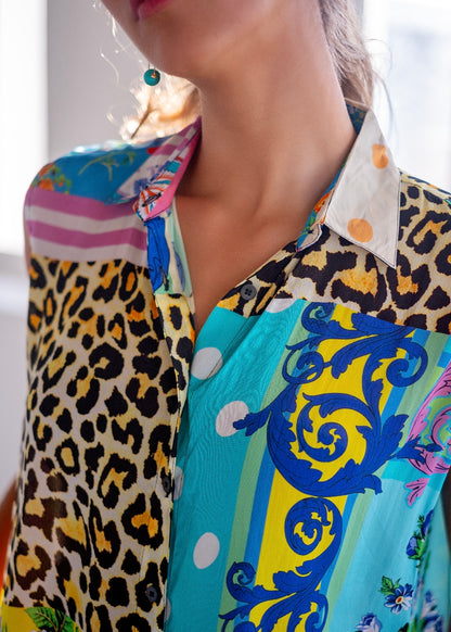 Xiah Button down blouse in Gold Chain and Animal Print