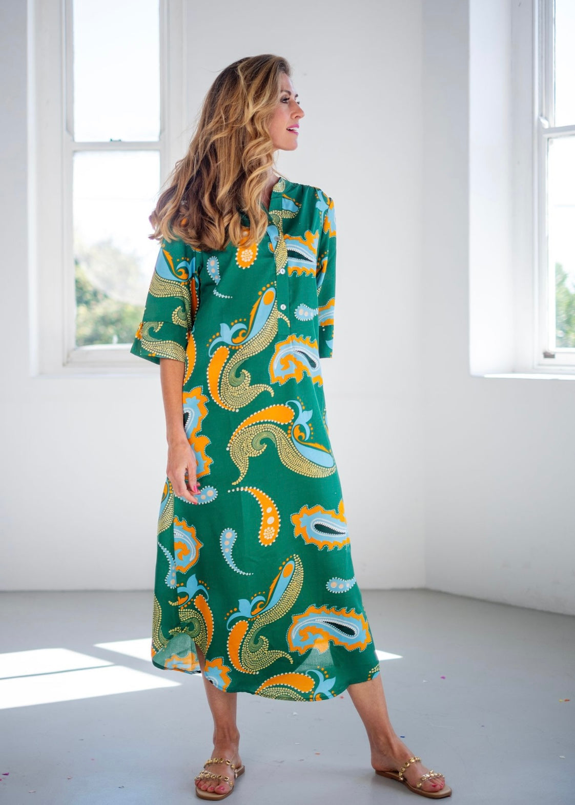 Fergie Cuffed Sleeve  Dress,  Green Bold Paisley