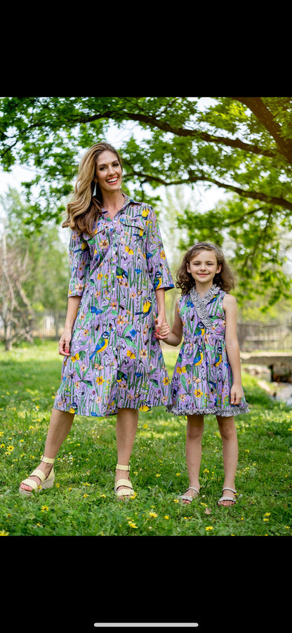 Betty Button dress Short, Purple bird