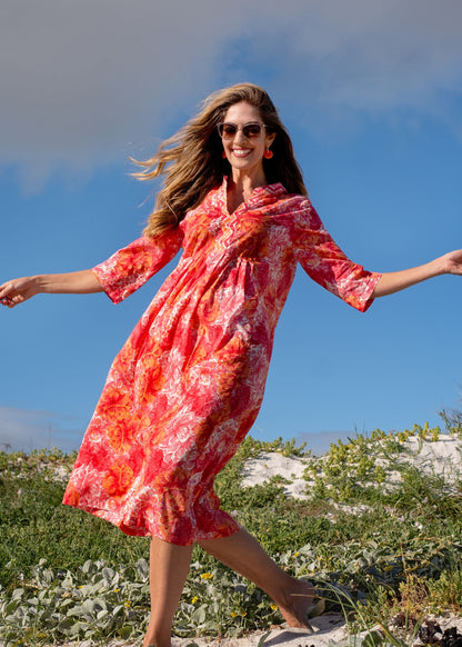 Lee-Ann pleated dress Long,  Tangerine Hibiscus