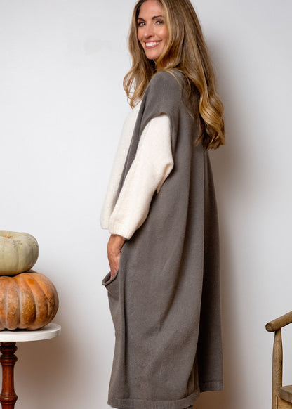 Urban Cozi Knit Sleeveless Long Cardigan Jacket in Taupe