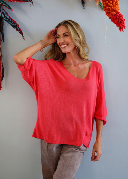 Slouchy Susan Knitted 3/4 Sleeve Top in Coral