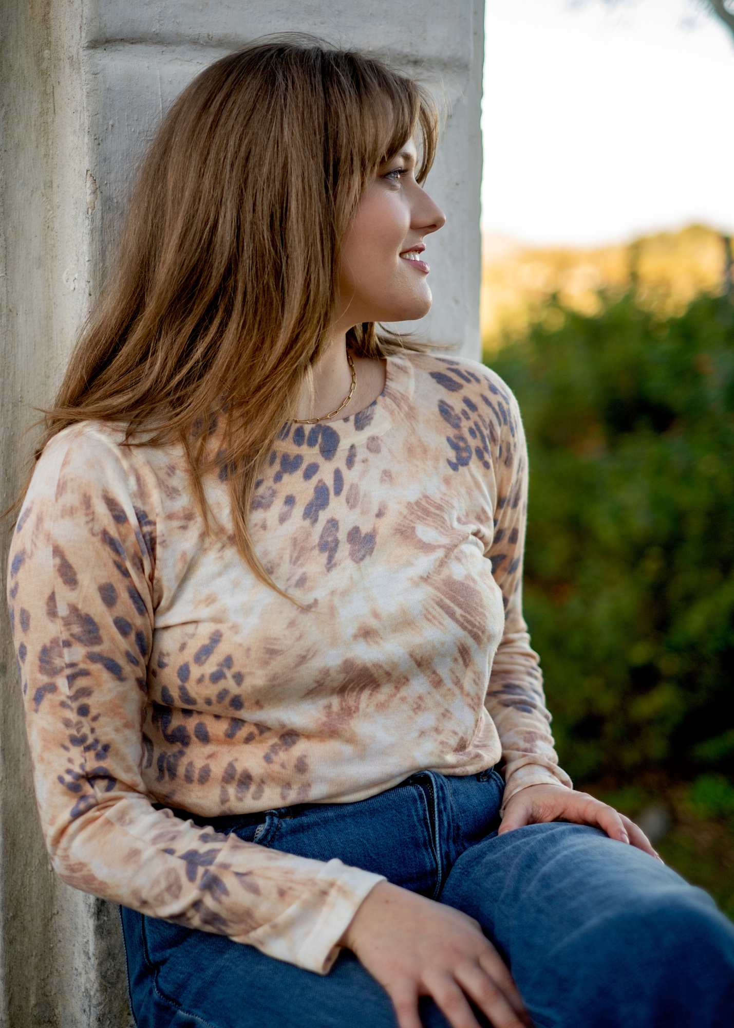 100% Wool Round Neck Long Sleeve Sweater in Brown Animal Print