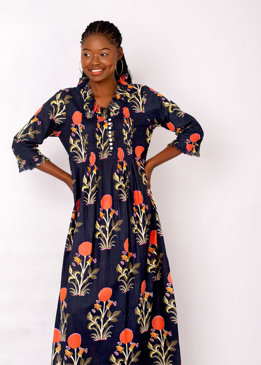 Sarah Dress with Frill in Blue with Coral Floral