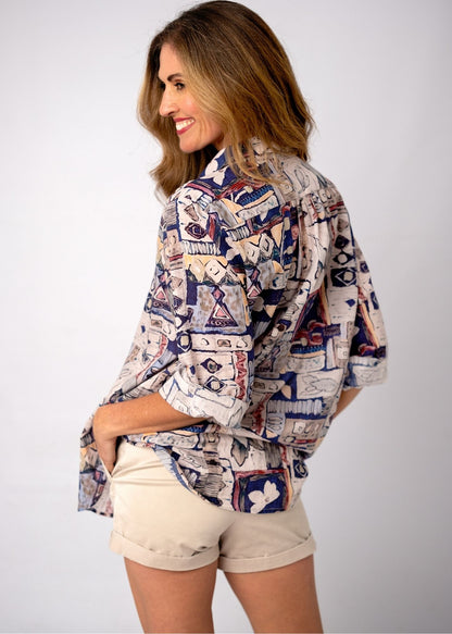 Classic Button Down Blouse in Blue Botanical