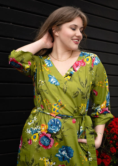 Gloria Dress with Tucked Sleeve Detail in Green Garden