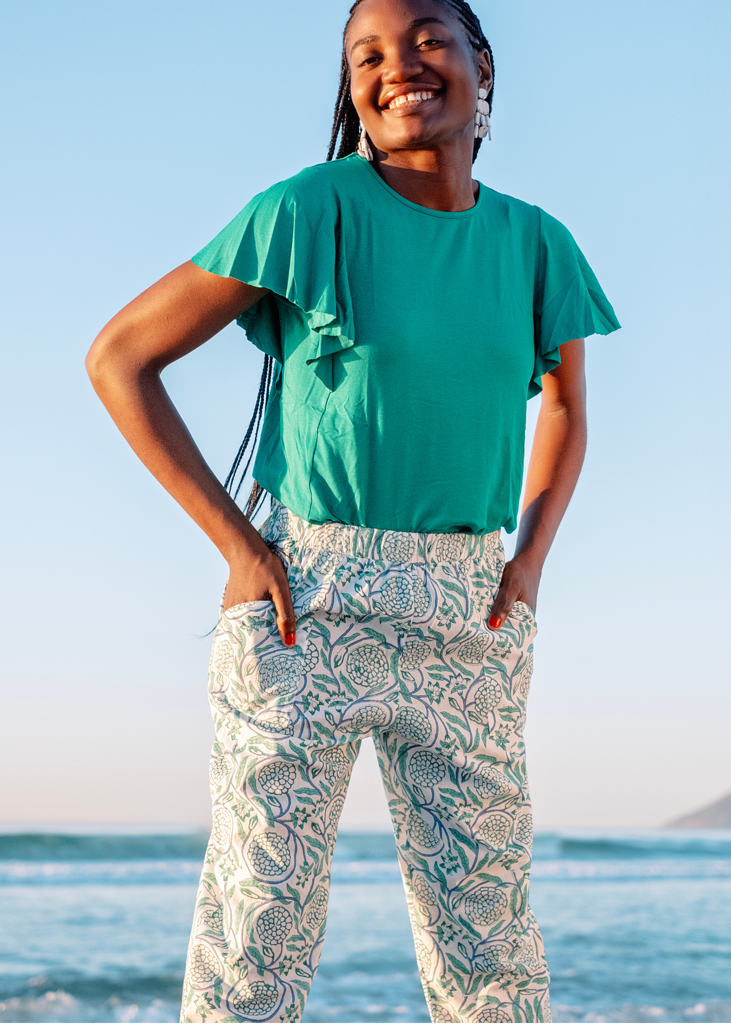 Patch Pocket Pants, Jade & white foliage