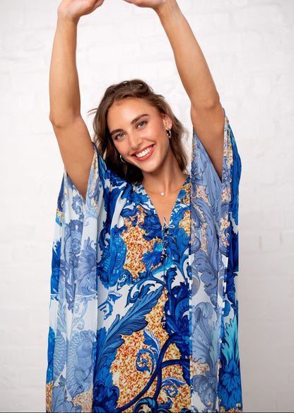 Victoria Kaftan in Blue Fleur de Lys (Long)