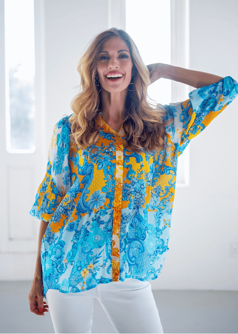 Raglan button down blouse in Blue and Coral Fleur de Lys