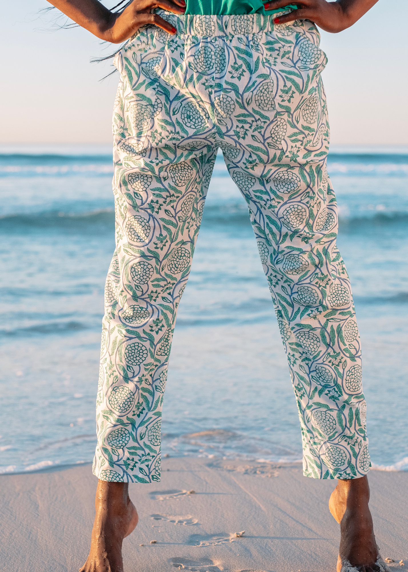 Patch Pocket Pants, Jade & white foliage
