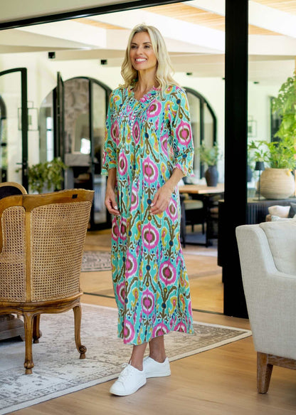 Sarah Dress with Frill in Green and Pink Ikat Long Length