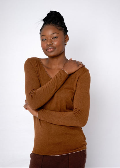 Silver Lining V-Neck Winter Weight Knit Jumper in Rusty Brown