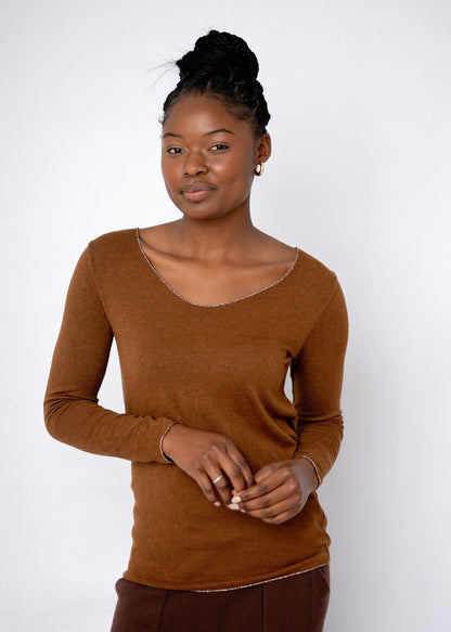 Silver Lining V-Neck Winter Weight Knit Jumper in Rusty Brown