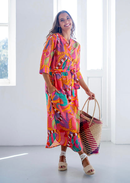 Fergie Cuffed Sleeve  Dress, Pink Jungle