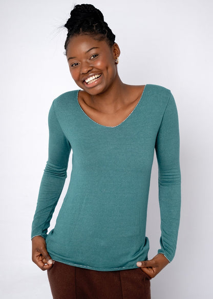 Silver Lining V-Neck Winter Weight Knit Jumper in Teal