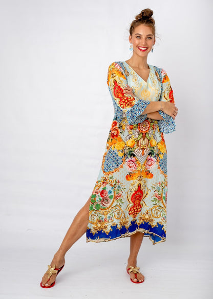 Alia Dress in Light Blue Crown Print