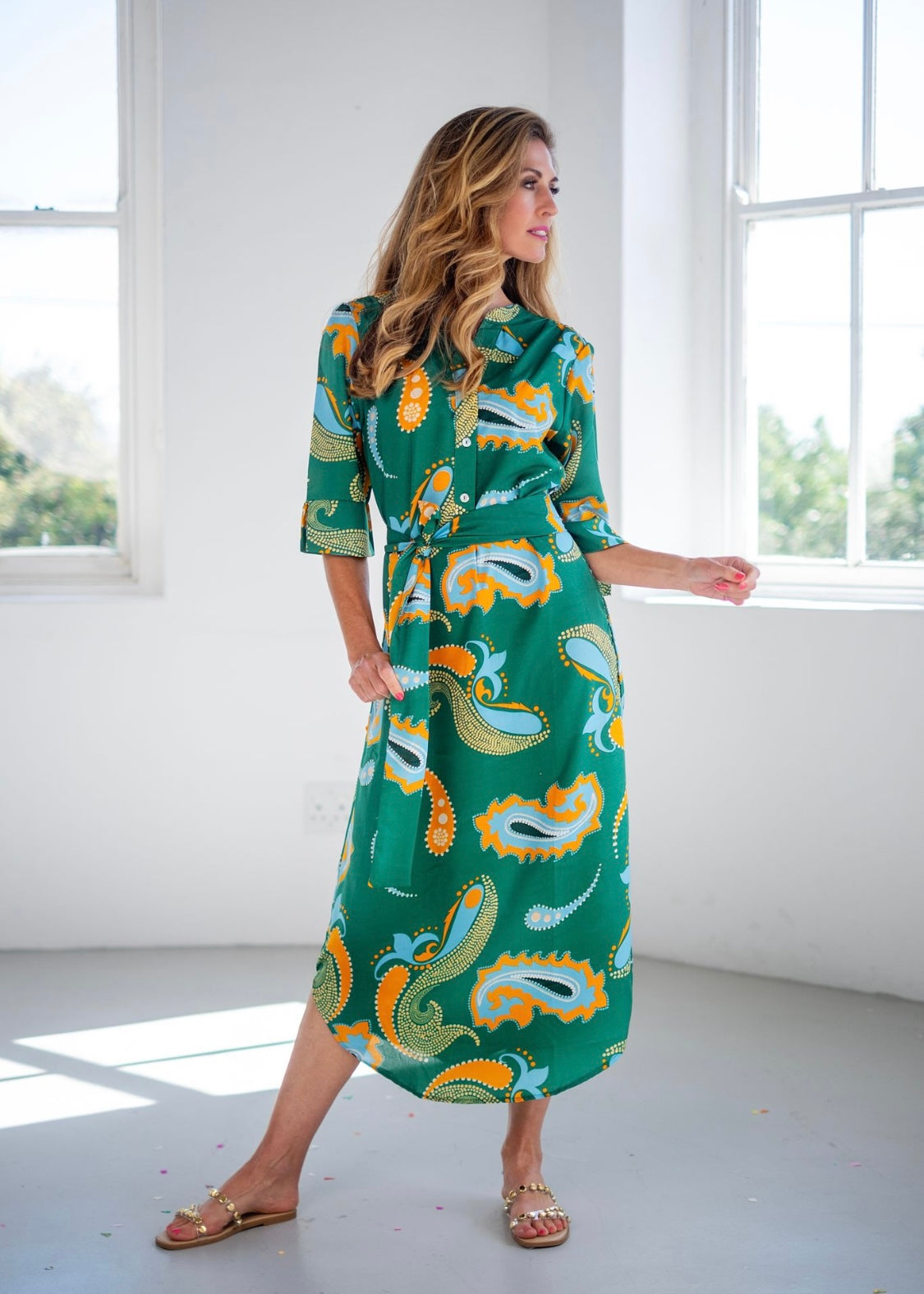 Fergie Cuffed Sleeve  Dress,  Green Bold Paisley