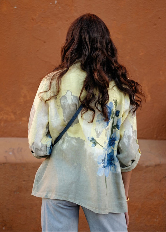 Lino 100% Linen Button Jacket in Heirloom Bloom Buttercup