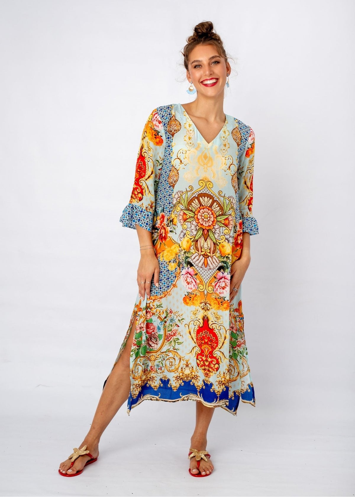 Alia Dress in Light Blue Crown Print