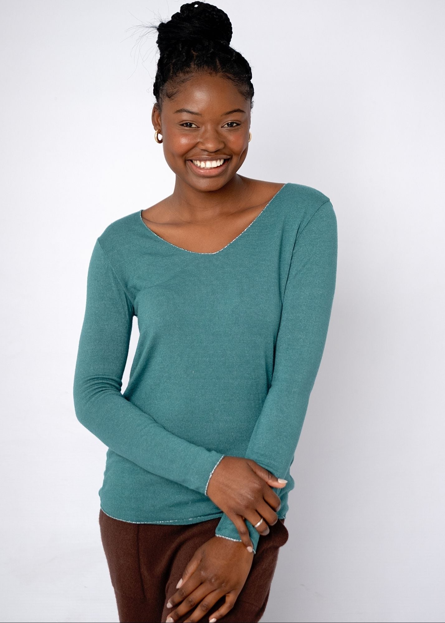 Silver Lining V-Neck Winter Weight Knit Jumper in Teal