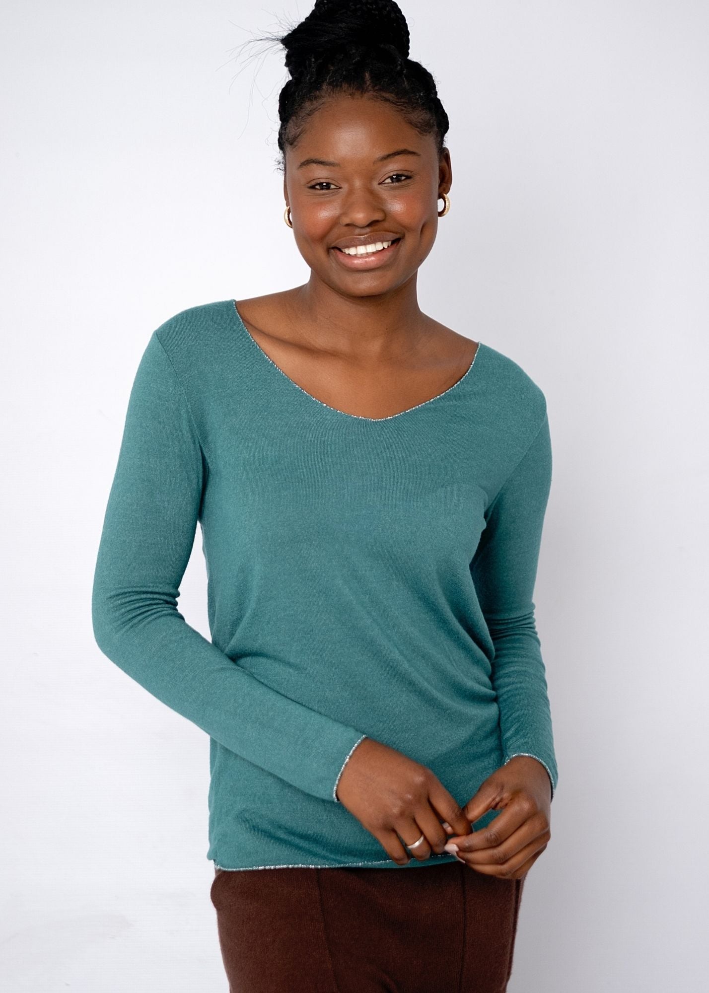 Silver Lining V-Neck Winter Weight Knit Jumper in Teal