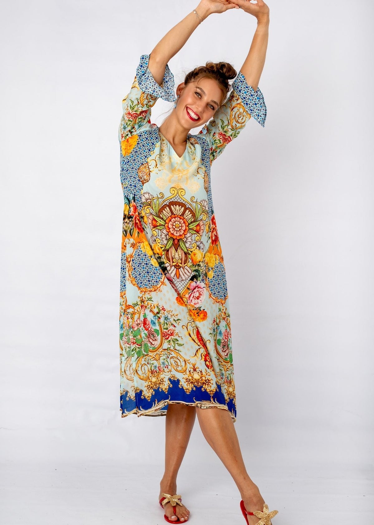 Alia Dress in Light Blue Crown Print