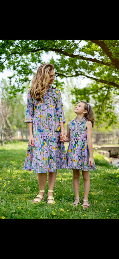 Betty Button dress Short, Purple bird