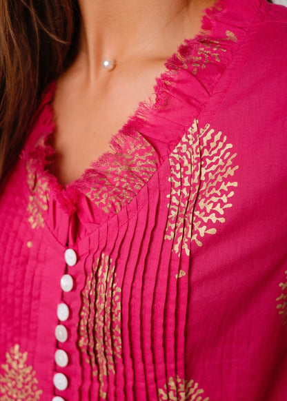 Sarah dress in Fuchsia Pink with Gold Tree (Long Length)