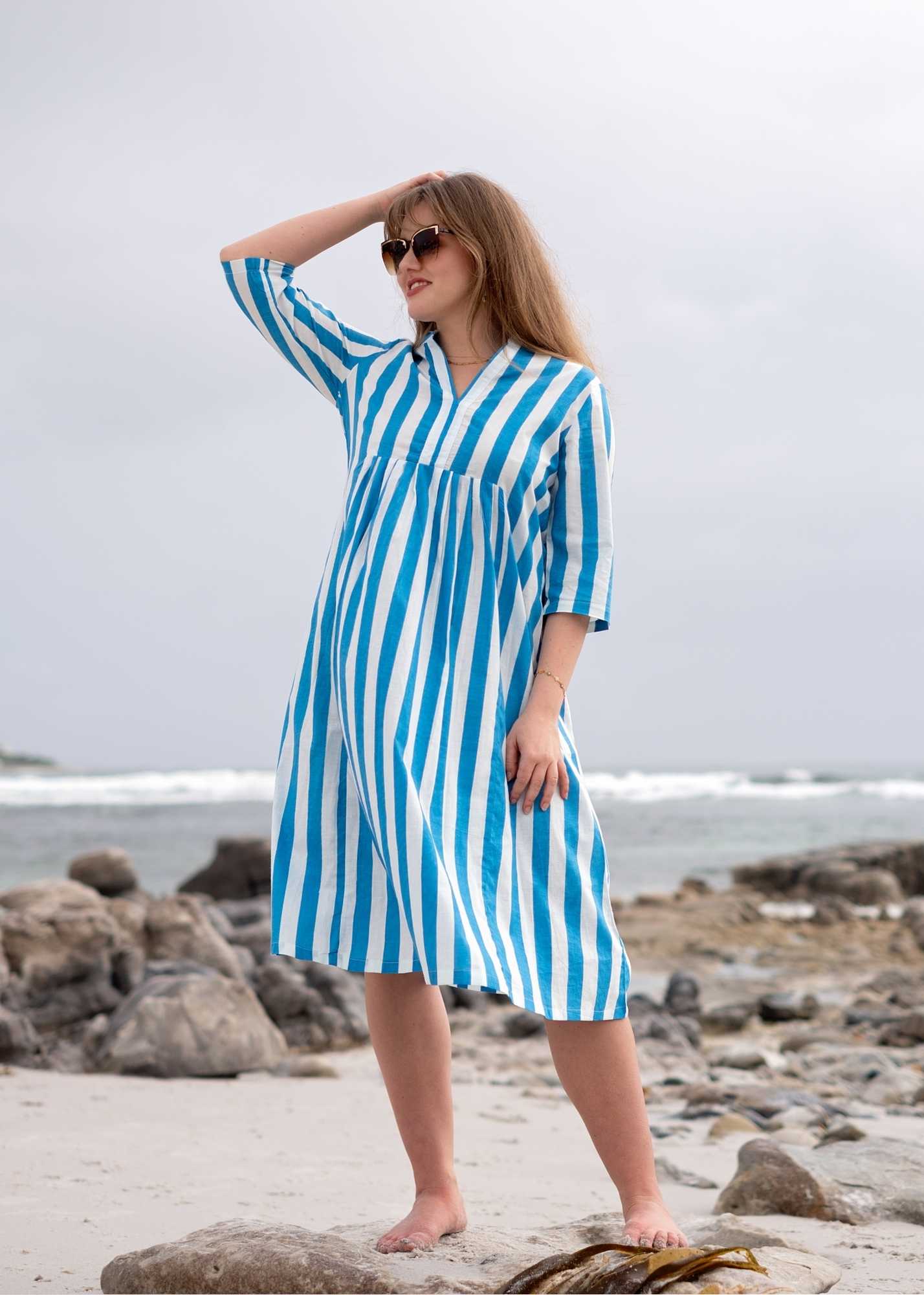Lee-Ann pleated dress Long, Maya Blue Pinstripe