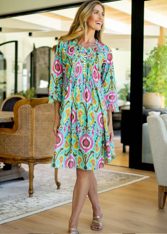 Sarah Dress with Frill in Green and Pink Ikat Knee Length