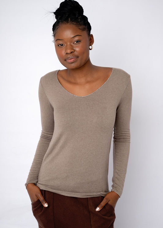Silver Lining V-Neck Winter Weight Knit Jumper in Dark Taupe