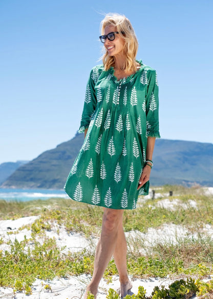 Sarah dress in Green with white leaves