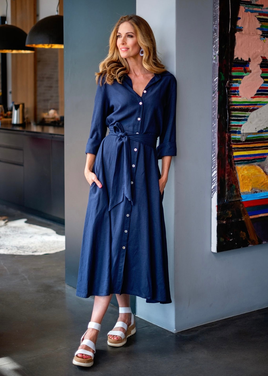 J-LO Dress, Navy Rayon Linen