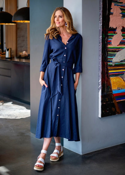 J-LO Dress, Navy Rayon Linen