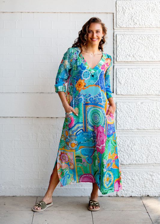 Gloria Dress with Tucked Sleeve Detail in Busy Botanical