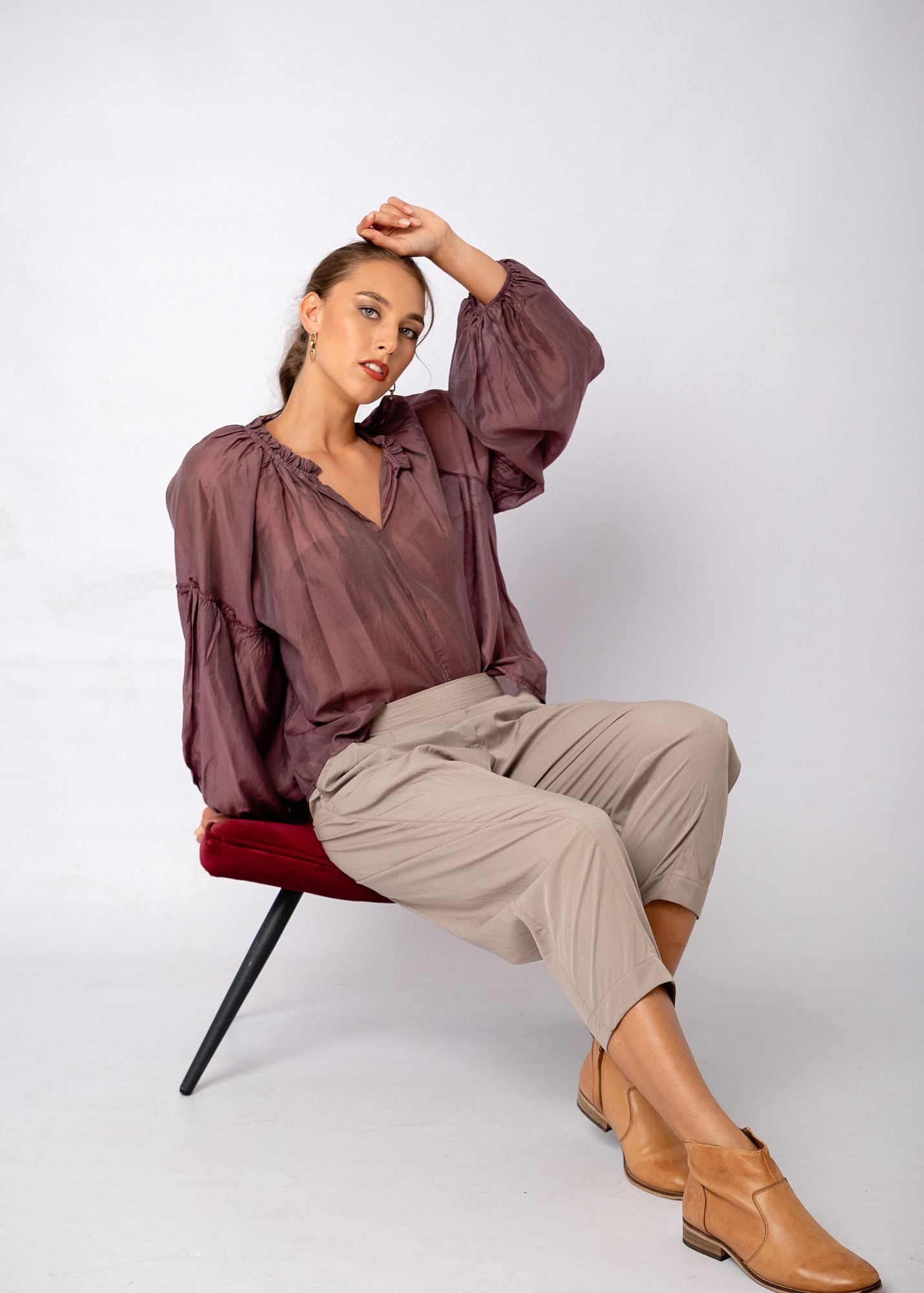 Swann Blouse with Frill  in Bordeaux