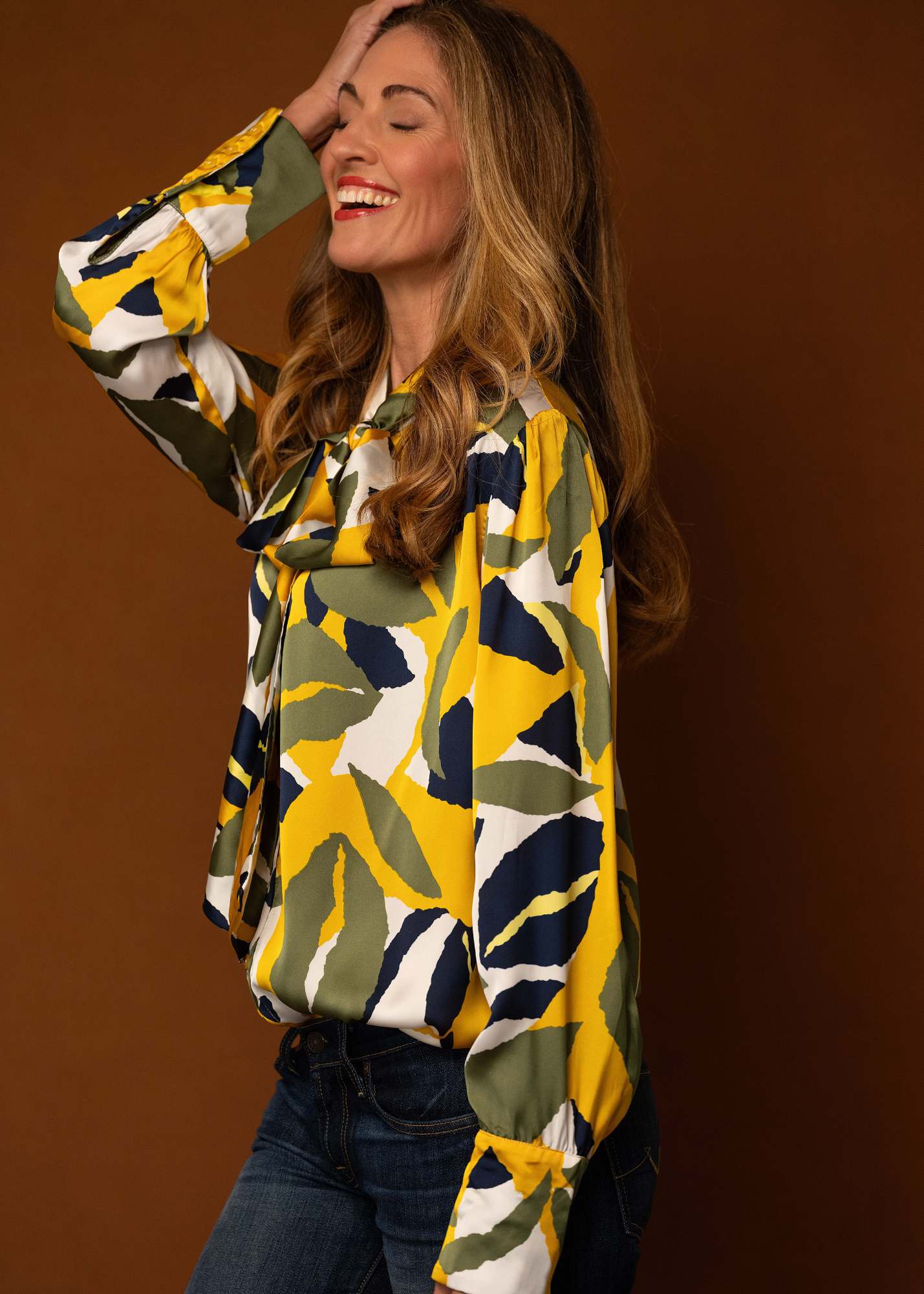 Pussycat Bow blouse, Green and Mustard