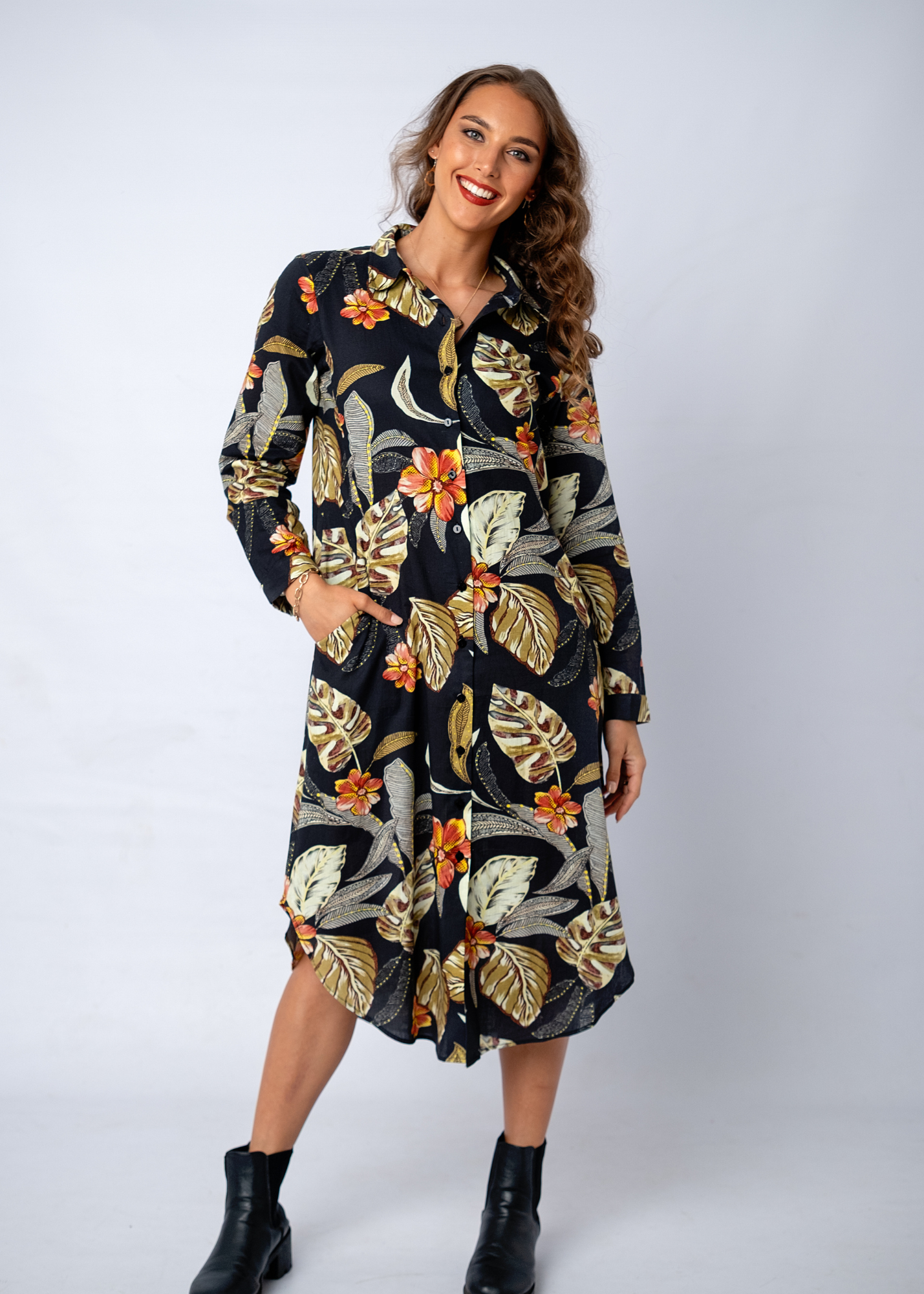 Laura Shirt Dress in Midnight Garden