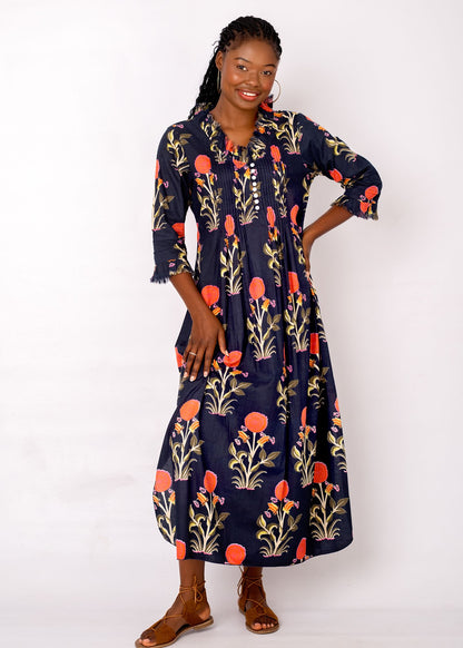 Sarah Dress with Frill in Blue with Coral Floral