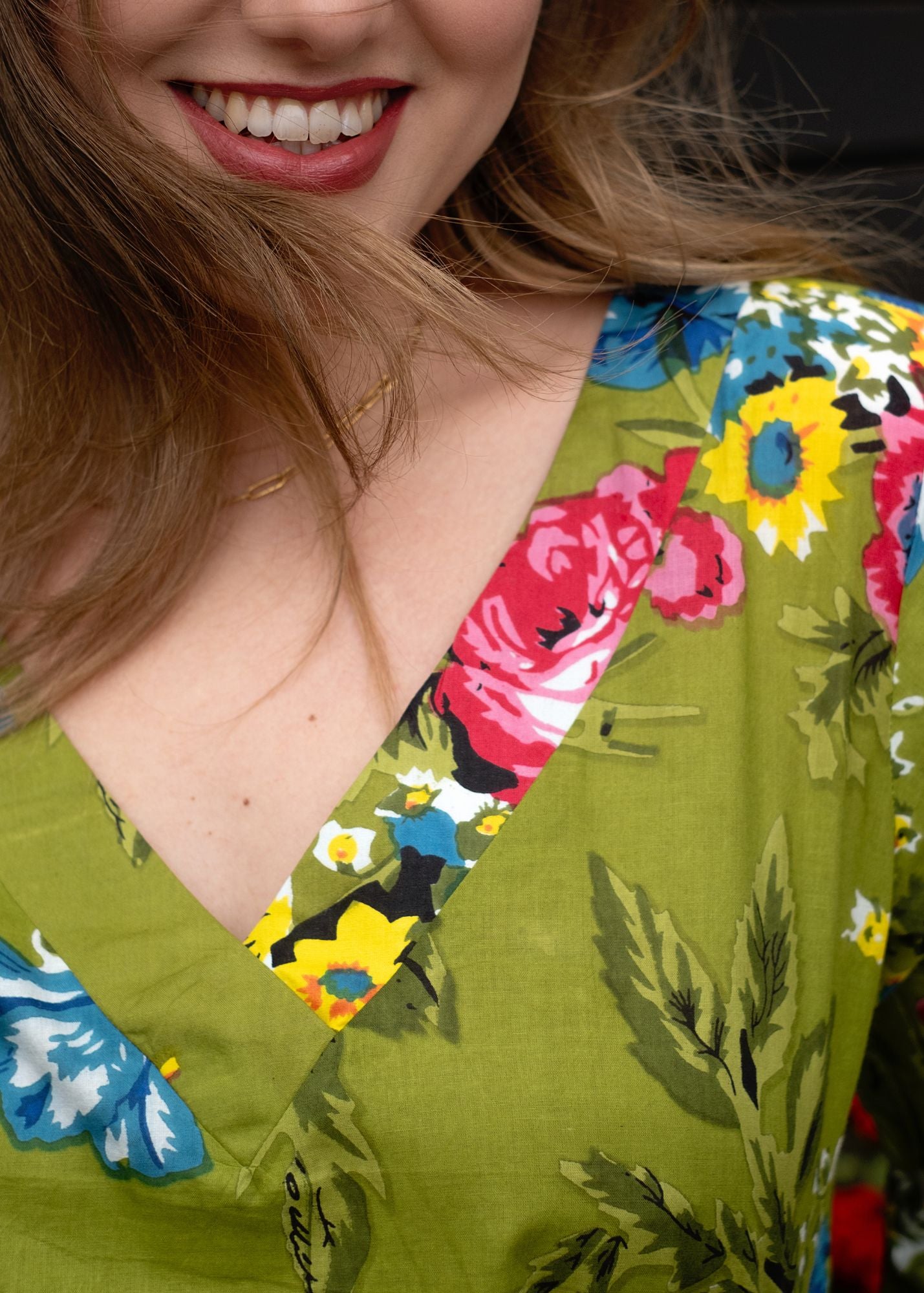 Gloria Dress with Tucked Sleeve Detail in Green Garden