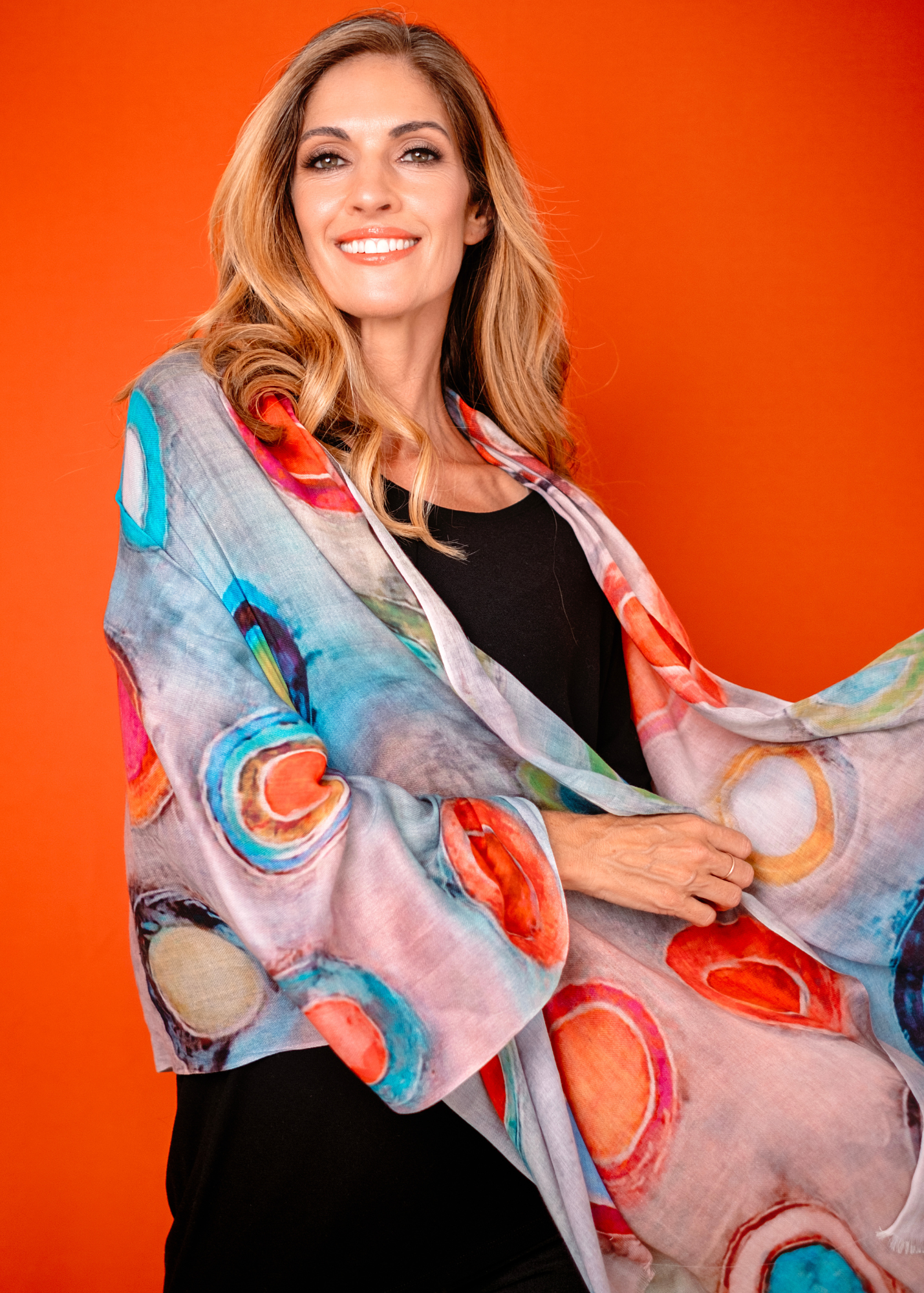 Scarf Blue and Coral Circles 100% wool