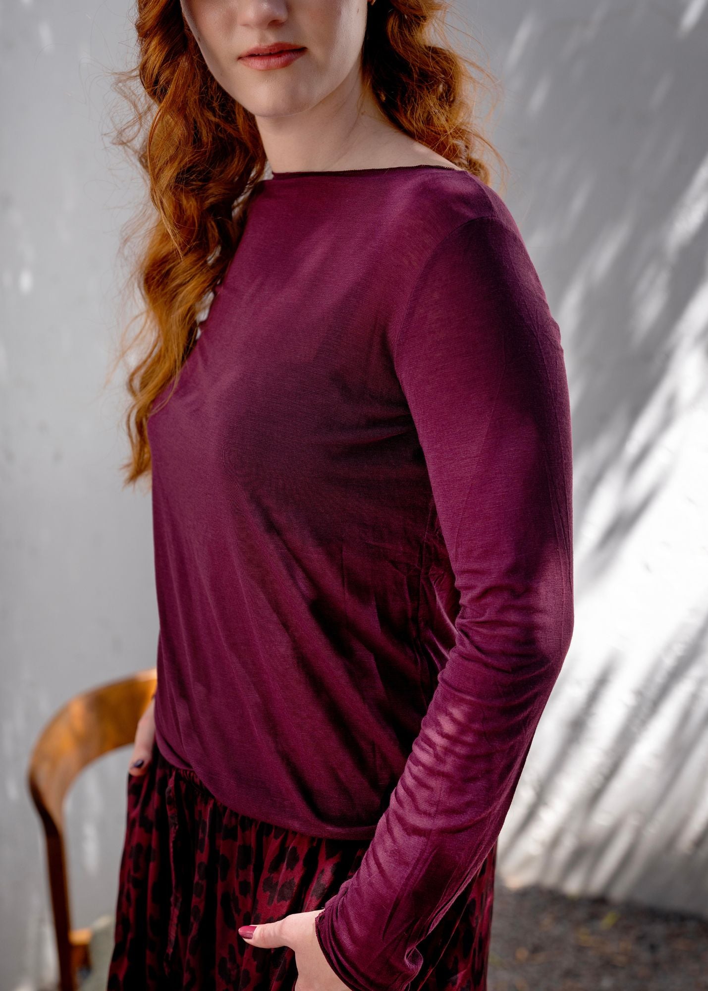The Sheer Stretchy Scoop-neck Top in  Maroon