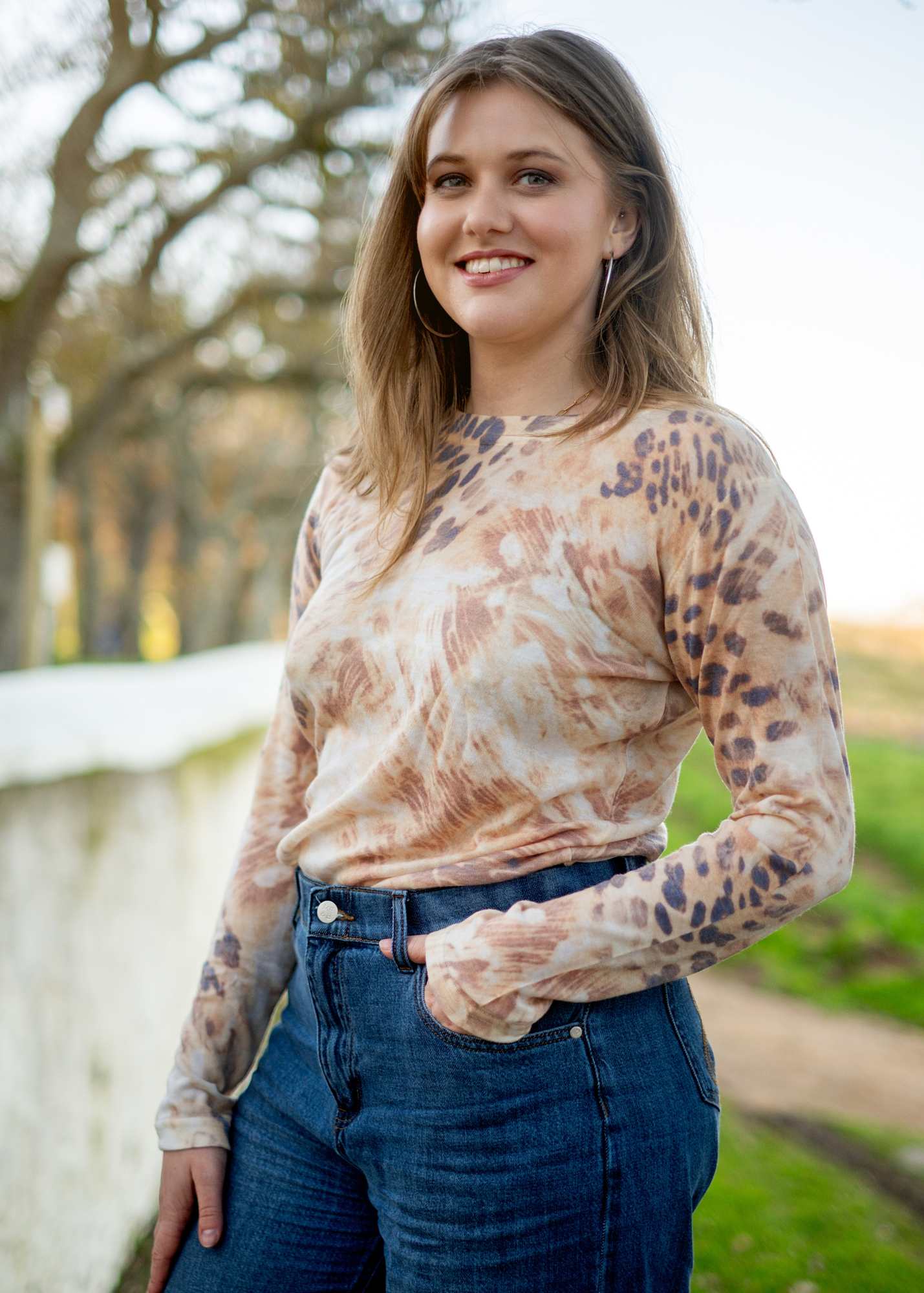 100% Wool Round Neck Long Sleeve Sweater in Brown Animal Print