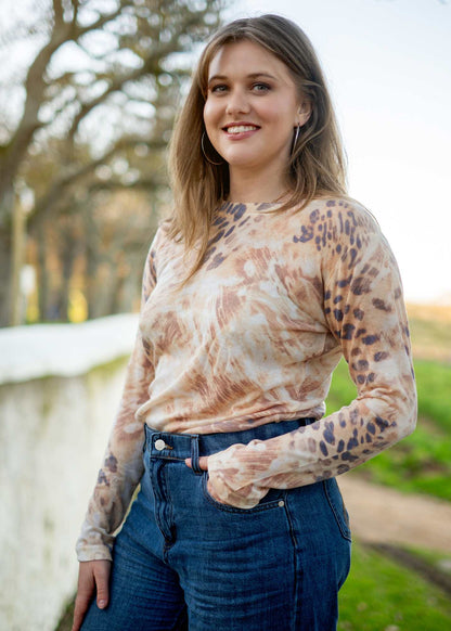 100% Wool Round Neck Long Sleeve Sweater in Brown Animal Print
