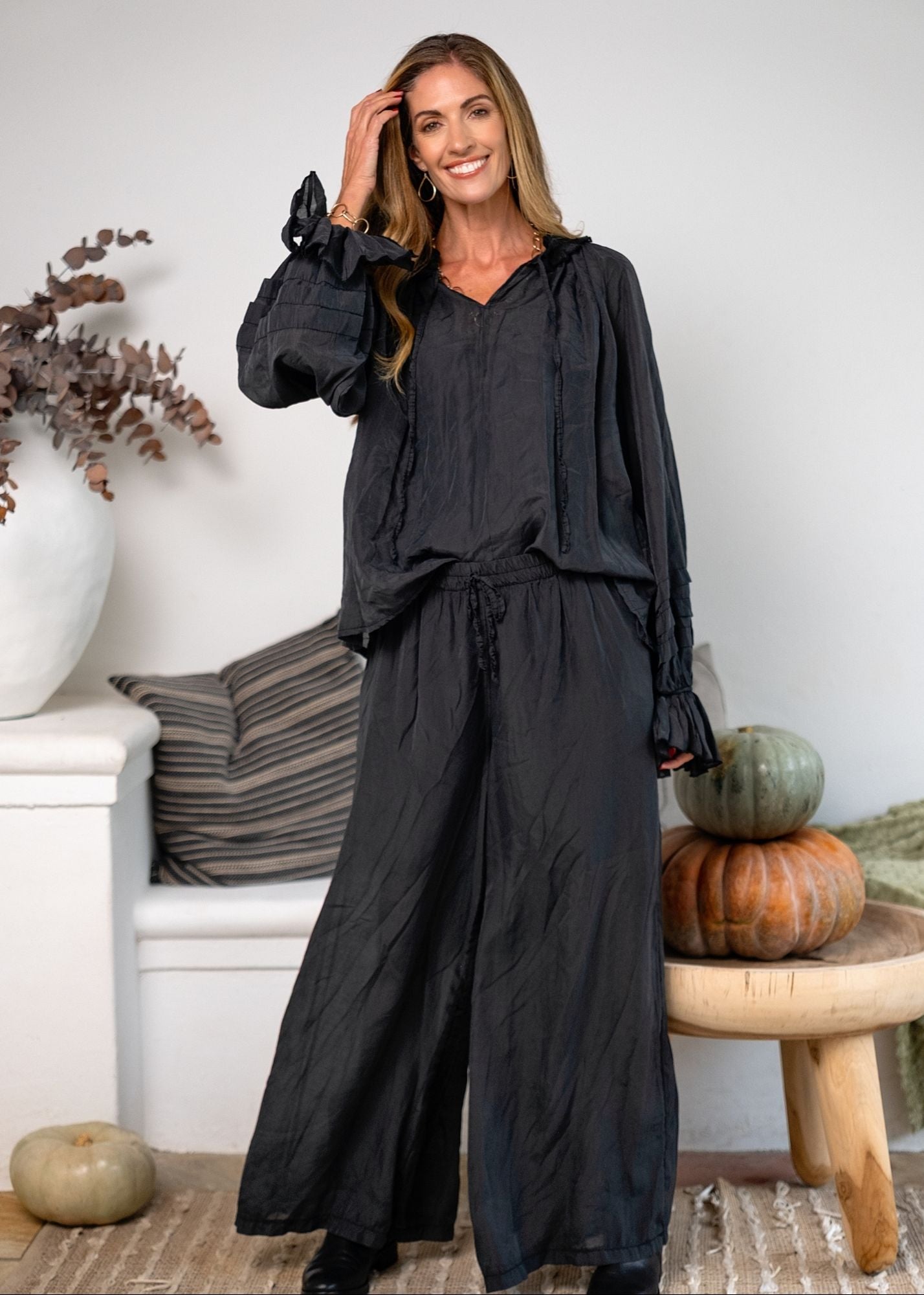 Swann Blouse with Frill  in Onyx Black