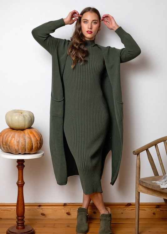 Urban Cozi Knit in Longline Open-Front Cardigan Jacket in Olive