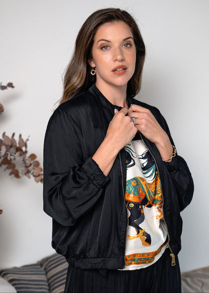 Lila  Bomber Jacket in Viscose Silk Blend in Black