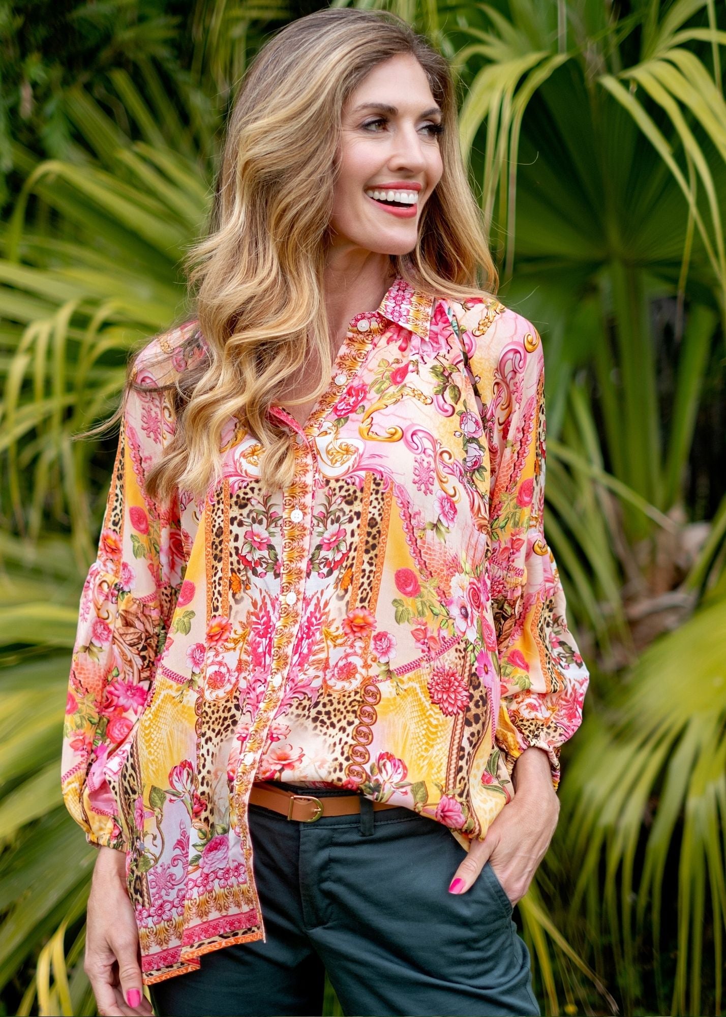 Raglan button down blouse in Pink Coral